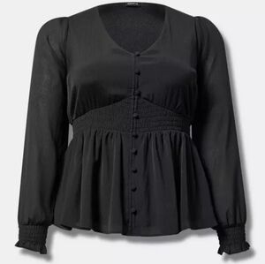 Torrid Deep Black Smocked Waist Semi-Sheer Long Sleeve Blouse Size 1X